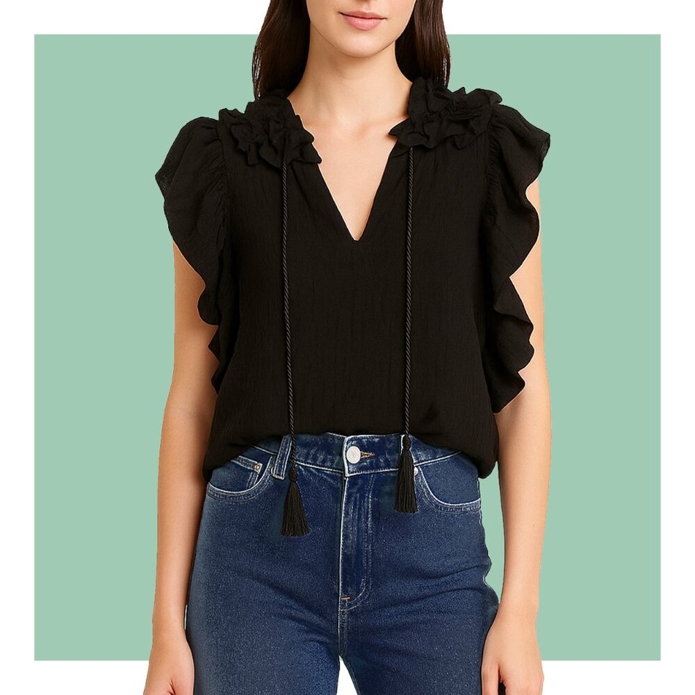 Central Park West Split Neck Tassel Drawstring Ruffle Sleeve Blouse Size M NWOT